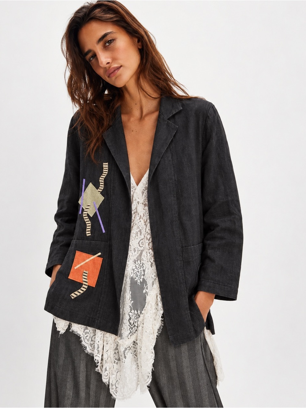 Vintage 1990s Beppa 100% Linen Wearable Patchwork Artsy Cardigan Jacket Black, S